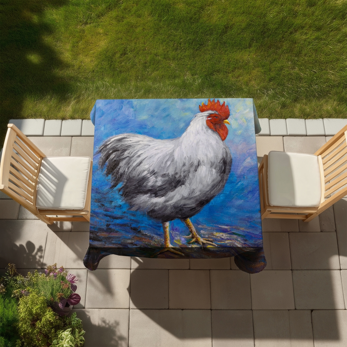 Picture of Begin Home Decor C1TC5858Q34Q5A 58 x 58 in. Gray Rooster Blue Farm Animals Tablecloth - Indoor & Outdoor Decor
