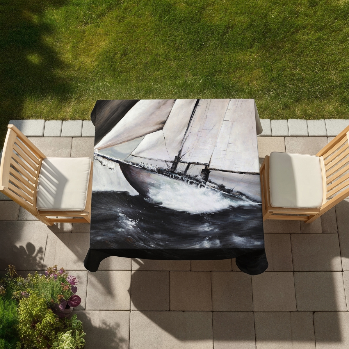 Picture of Begin Home Decor C1TC5858R4PTOA 58 x 58 in. Bedroom Boat Coastal Tablecloth - Boat in A Storm Decor