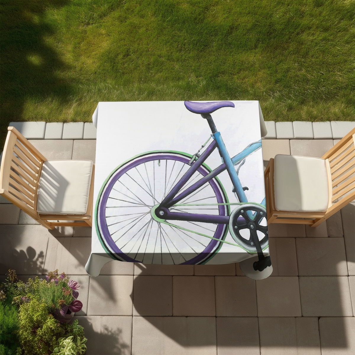 Picture of Begin Home Decor C1TC5858BKQ6S4 58 x 58 in. Blue & Purple Bike Tablecloth - Indoor & Outdoor Home Decor