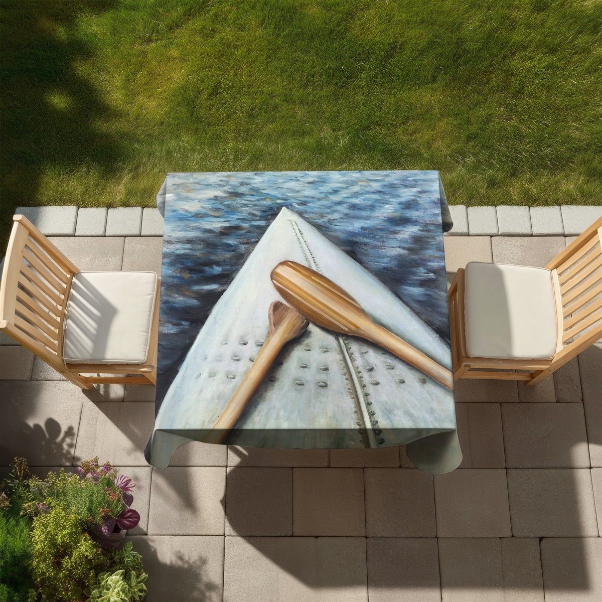 Picture of Begin Home Decor C1TC5858UXO9WM 58 x 58 in. Canoe Adventure Blue Tablecloth - Indoor & Outdoor Home Decor
