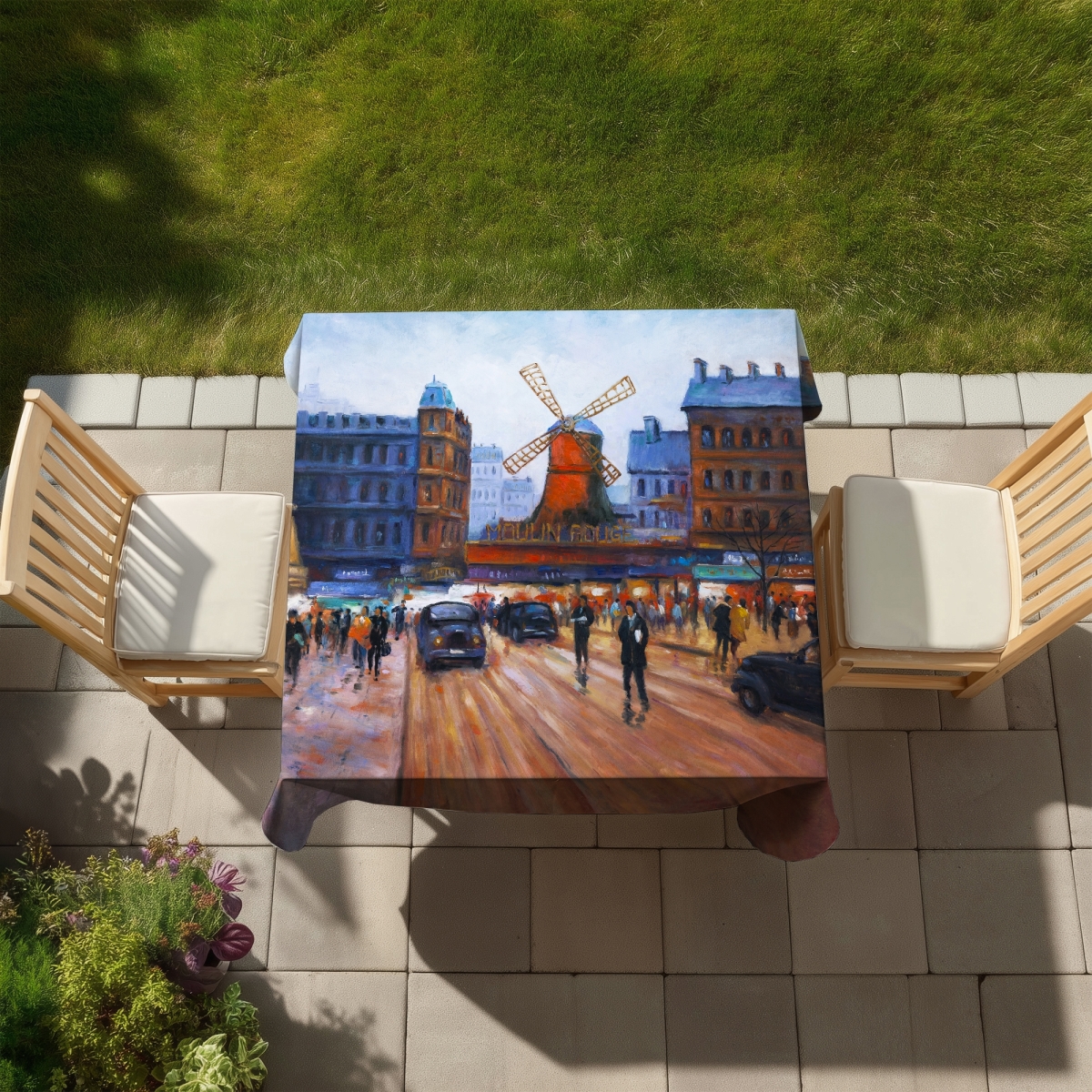 Picture of Begin Home Decor C1TC585866ZHEC 58 x 58 in. Contemporary Building Blue Tablecloth - Street Scene Design