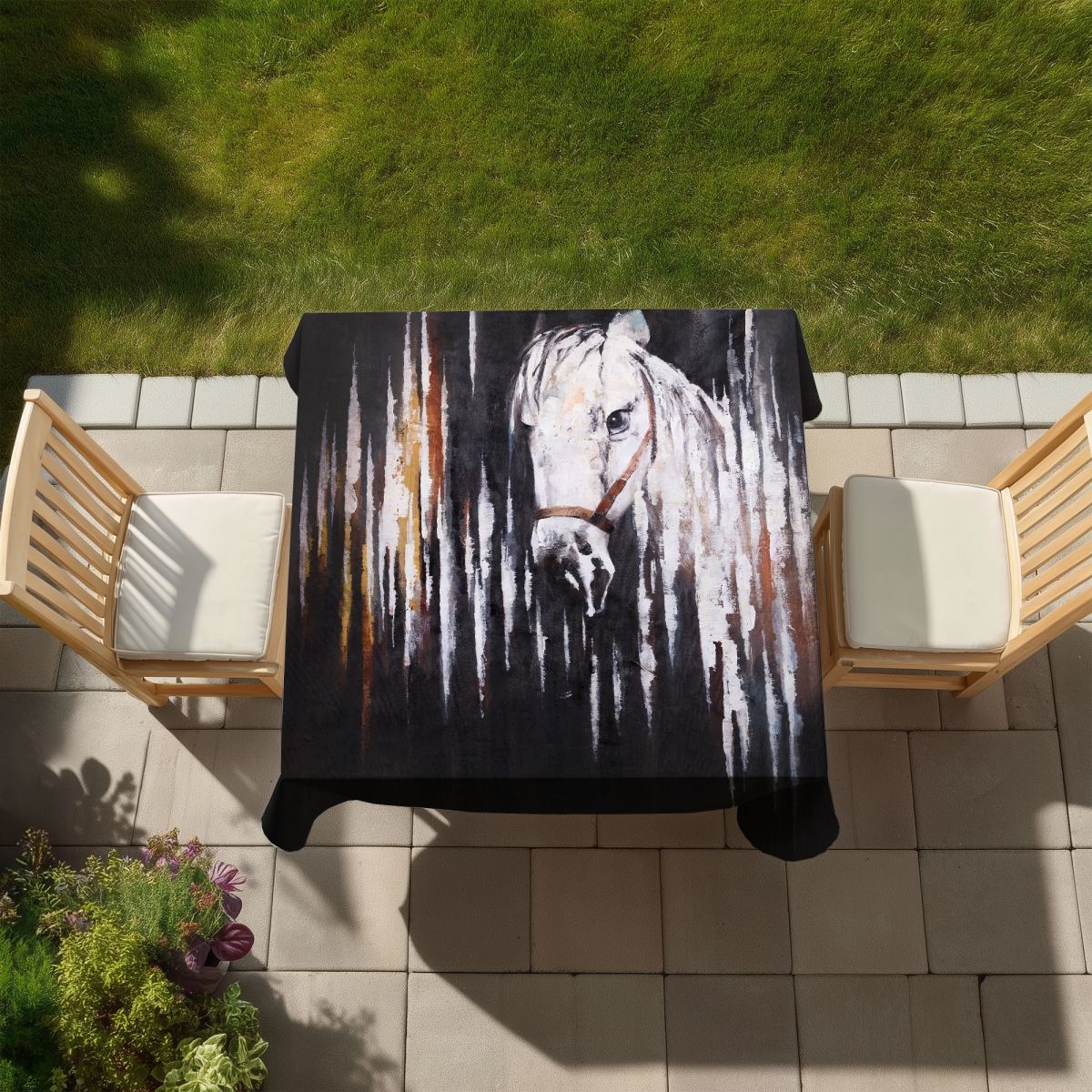 Picture of Begin Home Decor C1TC58587DKFUB 58 x 58 in. Rustic White Horse Tablecloth - Indoor & Outdoor Home Decor