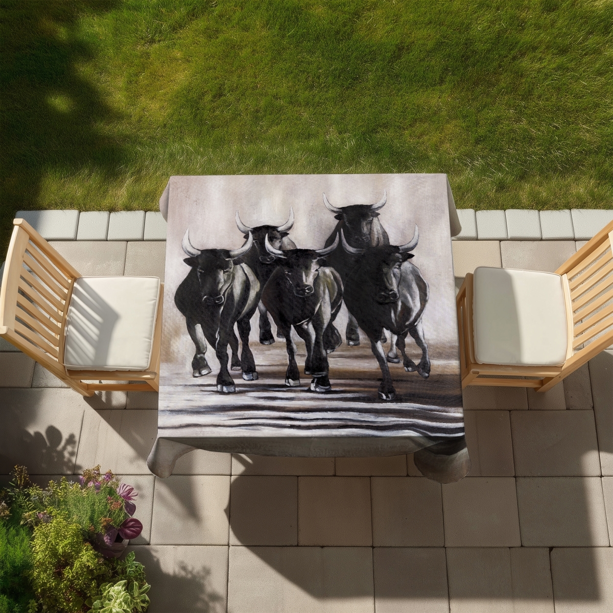 Picture of Begin Home Decor C1TC5858Q4R14Q 58 x 58 in. Rustic Brown Tablecloth - Group of Running Bulls - Indoor & Outdoor