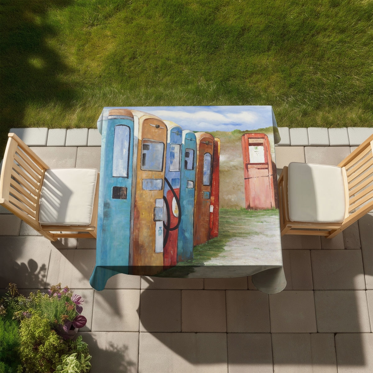Picture of Begin Home Decor C1TC5858F2BFN9 58 x 58 in. Old Gas Pumps Blue Tablecloth - Indoor Outdoor Home Decor