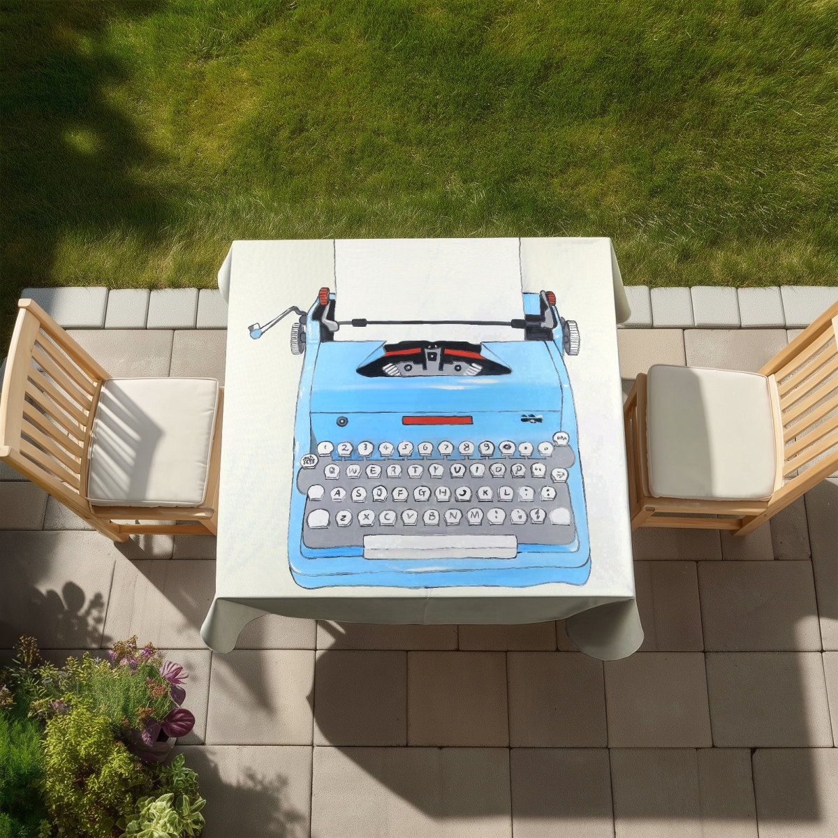 Picture of Begin Home Decor C1TC5858XUWYF0 58 x 58 in. Blue Typewriter Machine Tablecloth - Indoor & Outdoor Decor