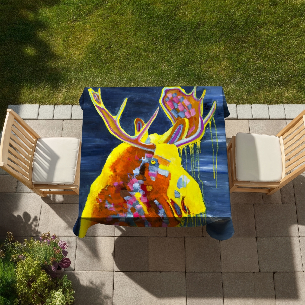 Picture of Begin Home Decor C1TC5858FY67ZZ 58 x 58 in. Colorful Moose Blue Deer Tablecloth - Indoor & Outdoor Decor