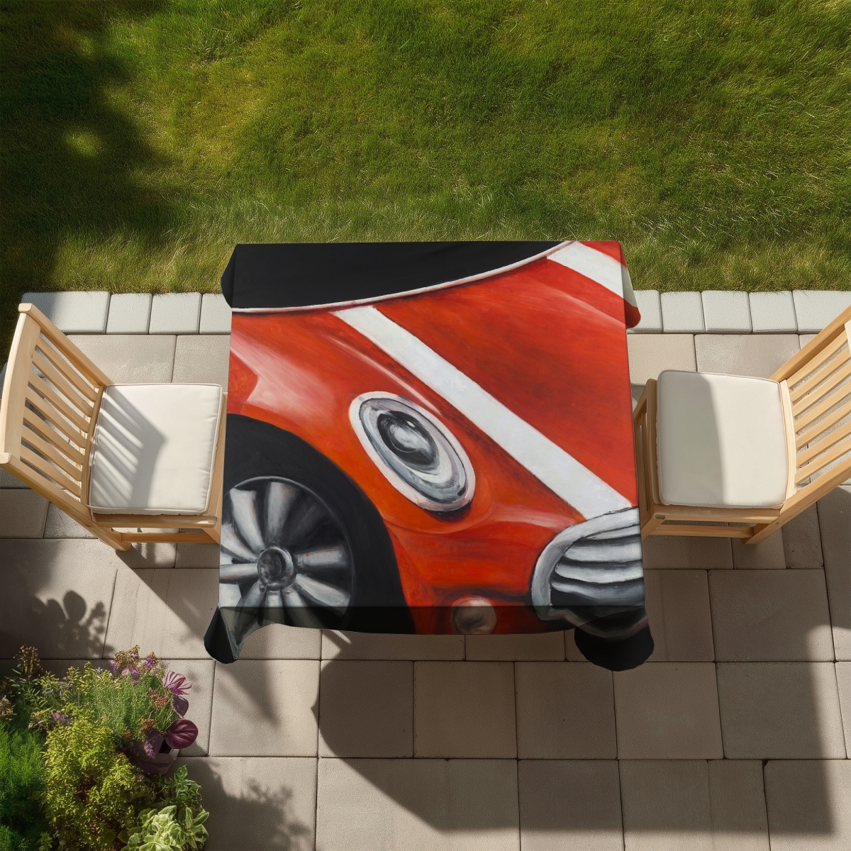 Picture of Begin Home Decor C1TC5858N4MY9W 58 x 58 in. Red Car with White Stripes Tablecloth - Indoor & Outdoor Decor