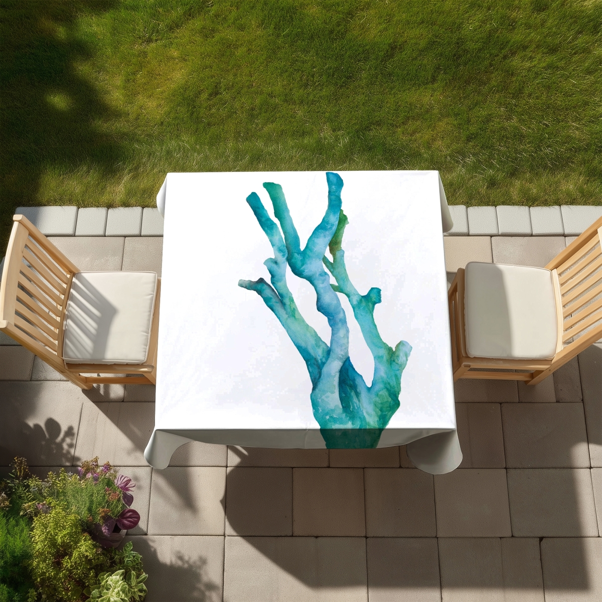 Picture of Begin Home Decor C1TC5858HCVWE7 58 x 58 in. Blue Botanical Coastal Tablecloth - Small Watercolor Sea Coral