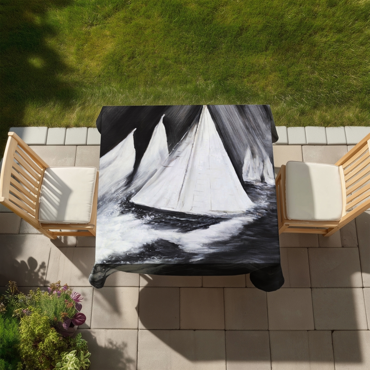 Picture of Begin Home Decor C1TC5858DW2UNO 58 x 58 in. Grayscale Coastal Boat Tablecloth - Indoor & Outdoor Home Decor