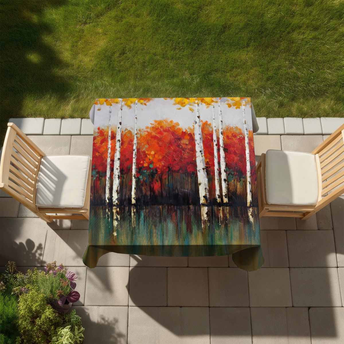 Picture of Begin Home Decor C1TC5858GFZ7OD 58 x 58 in. Birches by Fall Trees Green Tablecloth - Indoor & Outdoor Decor