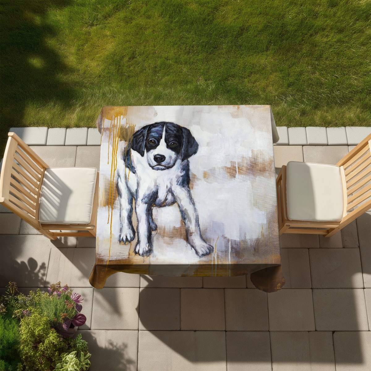 Picture of Begin Home Decor C1TC58587YH89G 58 x 58 in. Curious Puppy Dog Tablecloth - White Animal Decor - Indoor & Outdoor