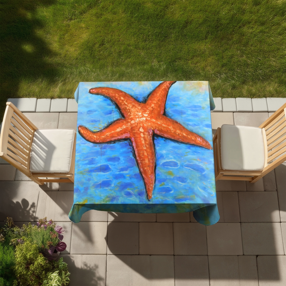 Picture of Begin Home Decor C1TC5858C0HDUK 58 x 58 in. Starfish in the Sea - Blue Aquatic Tablecloth - Home Decor