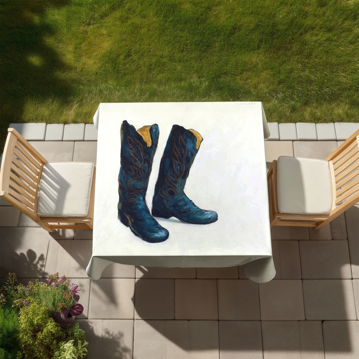 Picture of Begin Home Decor C1TC5858YX8VJS 58 x 58 in. Leather Cowboy Boots Tablecloth - Blue Fashion Decor