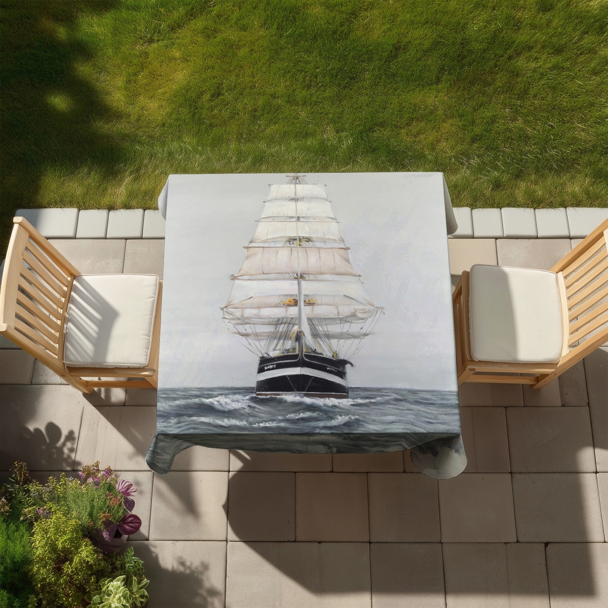 Picture of Begin Home Decor C1TC58586HT2JG 58 x 58 in. Boat Coastal White Tablecloth - Indoor & Outdoor Home Decor