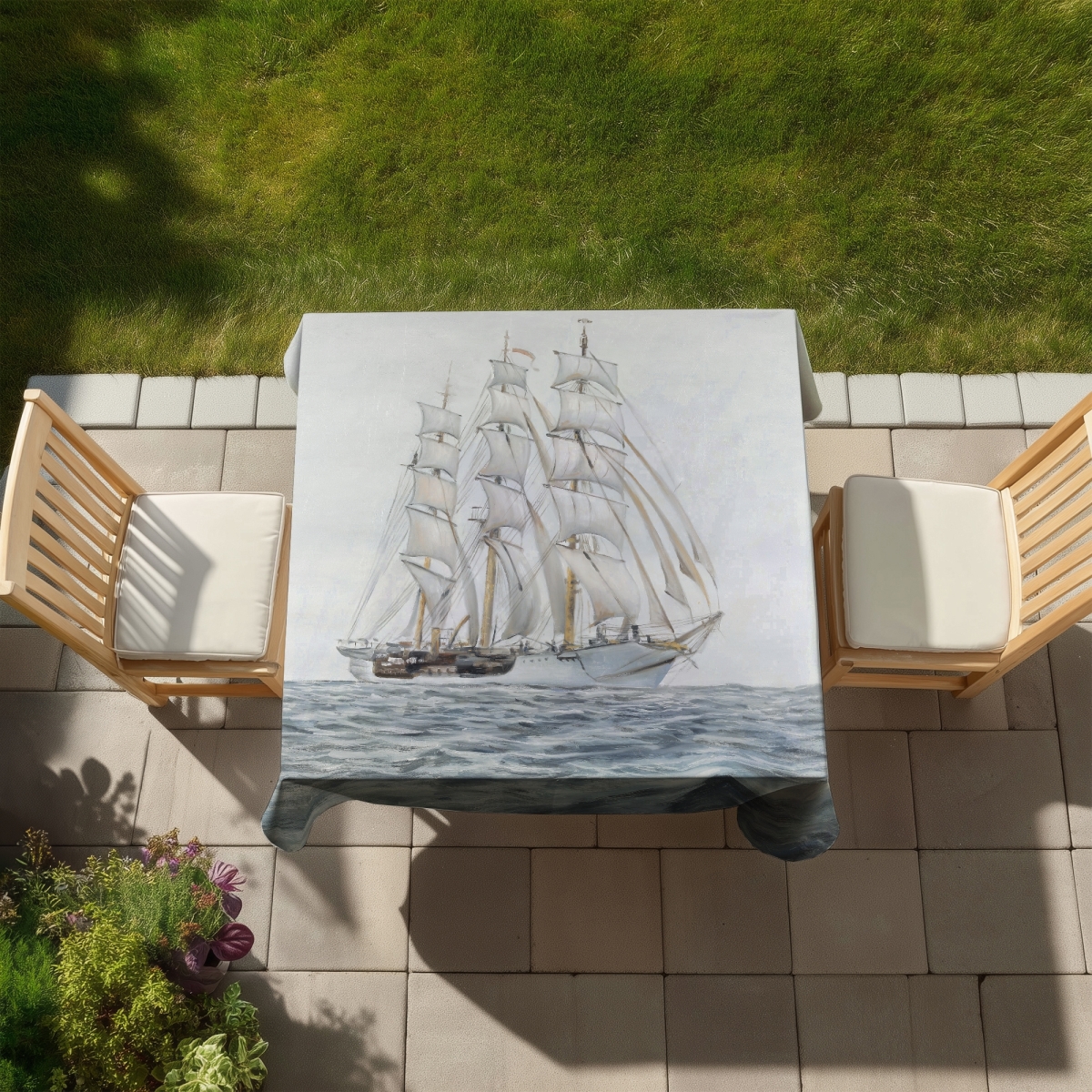 Picture of Begin Home Decor C1TC58583O2X6Z 58 x 58 in. White Coastal Boat Tablecloth - Indoor & Outdoor Home Decor