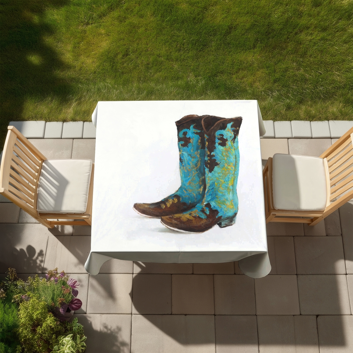 Picture of Begin Home Decor C1TC58588G8CF7 58 x 58 in. Blue Cowboy Boots Tablecloth - Indoor & Outdoor Western Decor