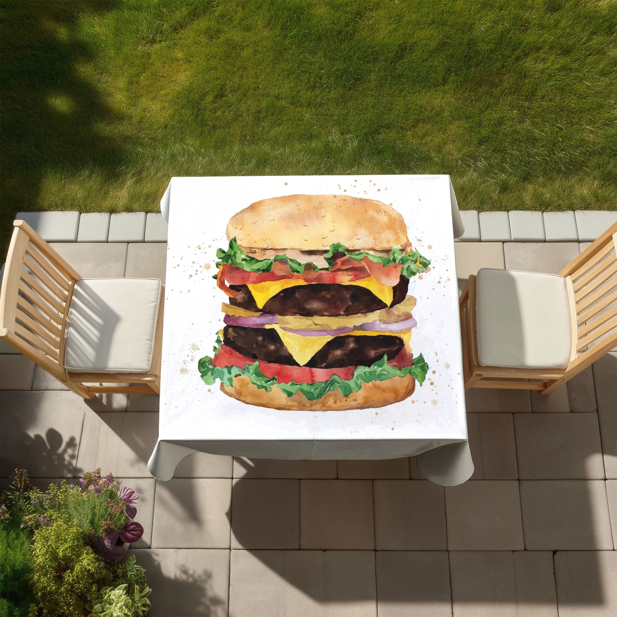 Picture of Begin Home Decor C1TC5858TPPK2Y 58 x 58 in. Brown Tablecloth - Watercolor Cheeseburger Design - Indoor & Outdoor