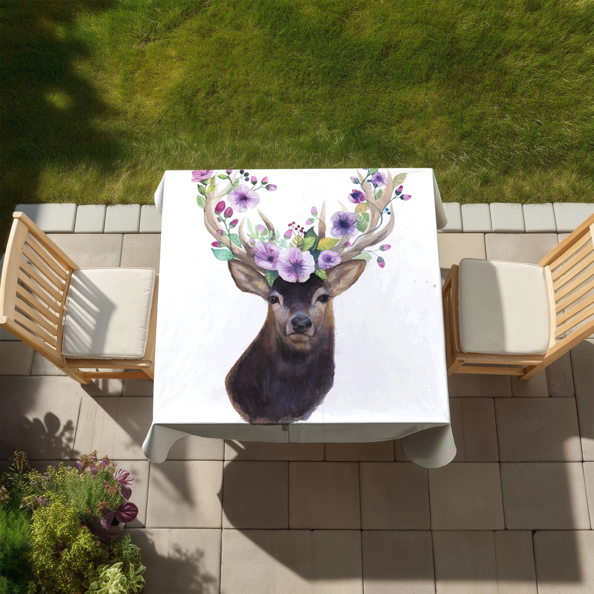 Picture of Begin Home Decor C1TC58587E9KUL 58 x 58 in. Roe Deer Head with Flowers Tablecloth - Indoor & Outdoor Decor