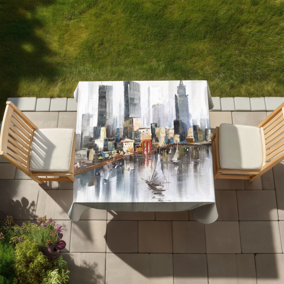Picture of Begin Home Decor C1TC5858ZO0QE1 58 x 58 in. Boat Gray Tablecloth - Watercolor City with Boats Decor