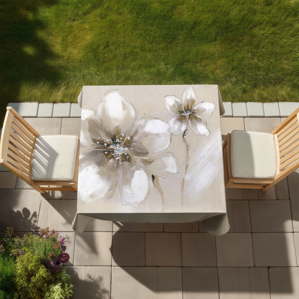 Picture of Begin Home Decor C1TC5858OJCP3Y 58 x 58 in. Two Cream Flowers Botanical Tablecloth - Indoor & Outdoor Decor
