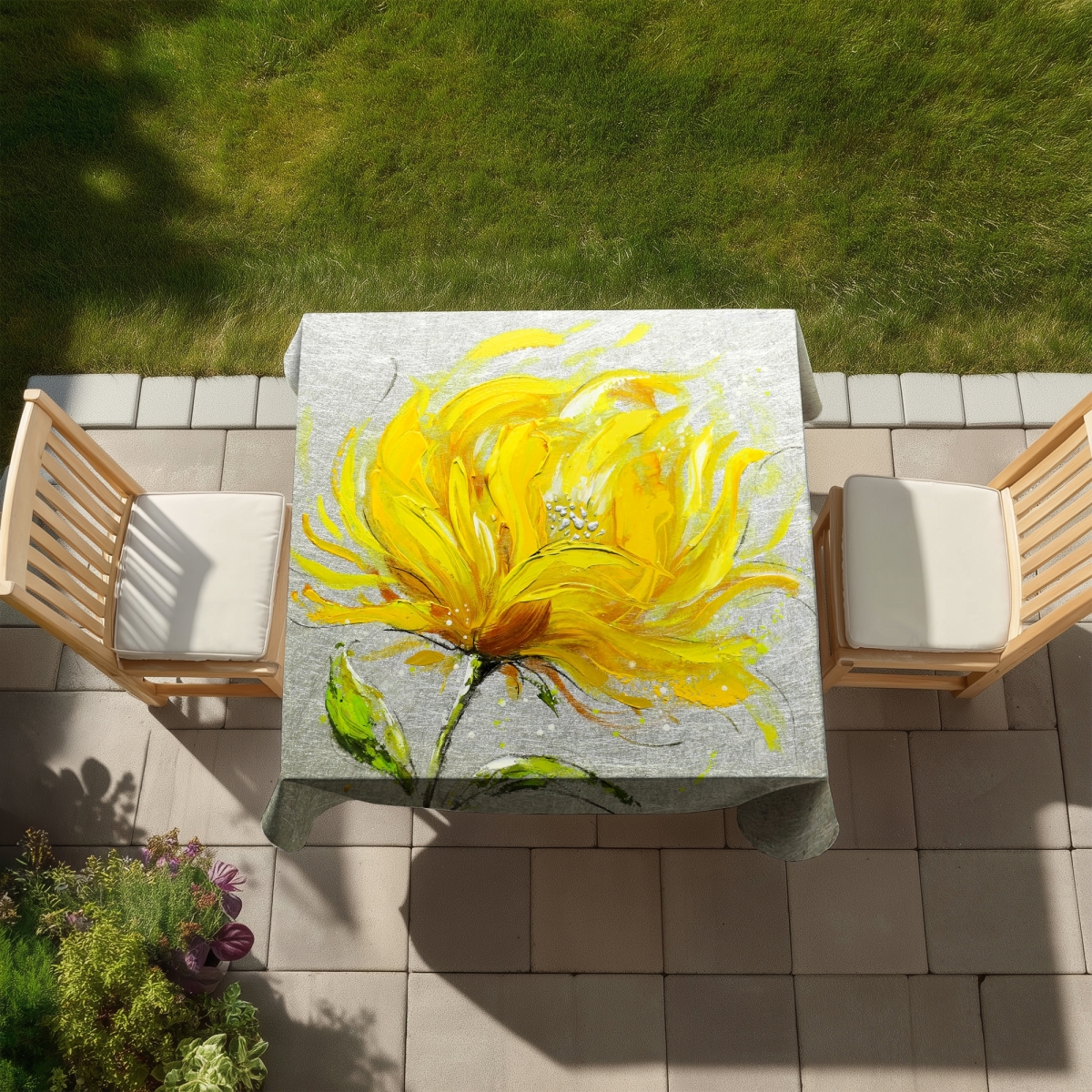 Picture of Begin Home Decor C1TC58581TEXCZ 58 x 58 in. Gray Botanical Tablecloth - Yellow Fluffy Flower Decor