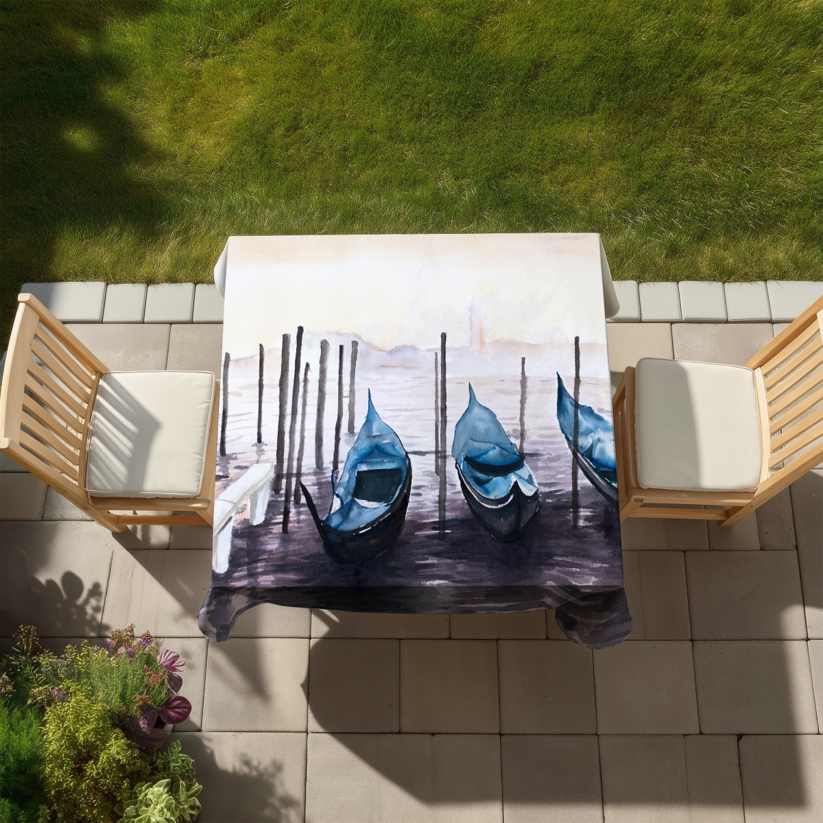 Picture of Begin Home Decor C1TC58587FJG6W 58 x 58 in. Coastal Blue Boat Tablecloth - Gondola in Italy Home Decor