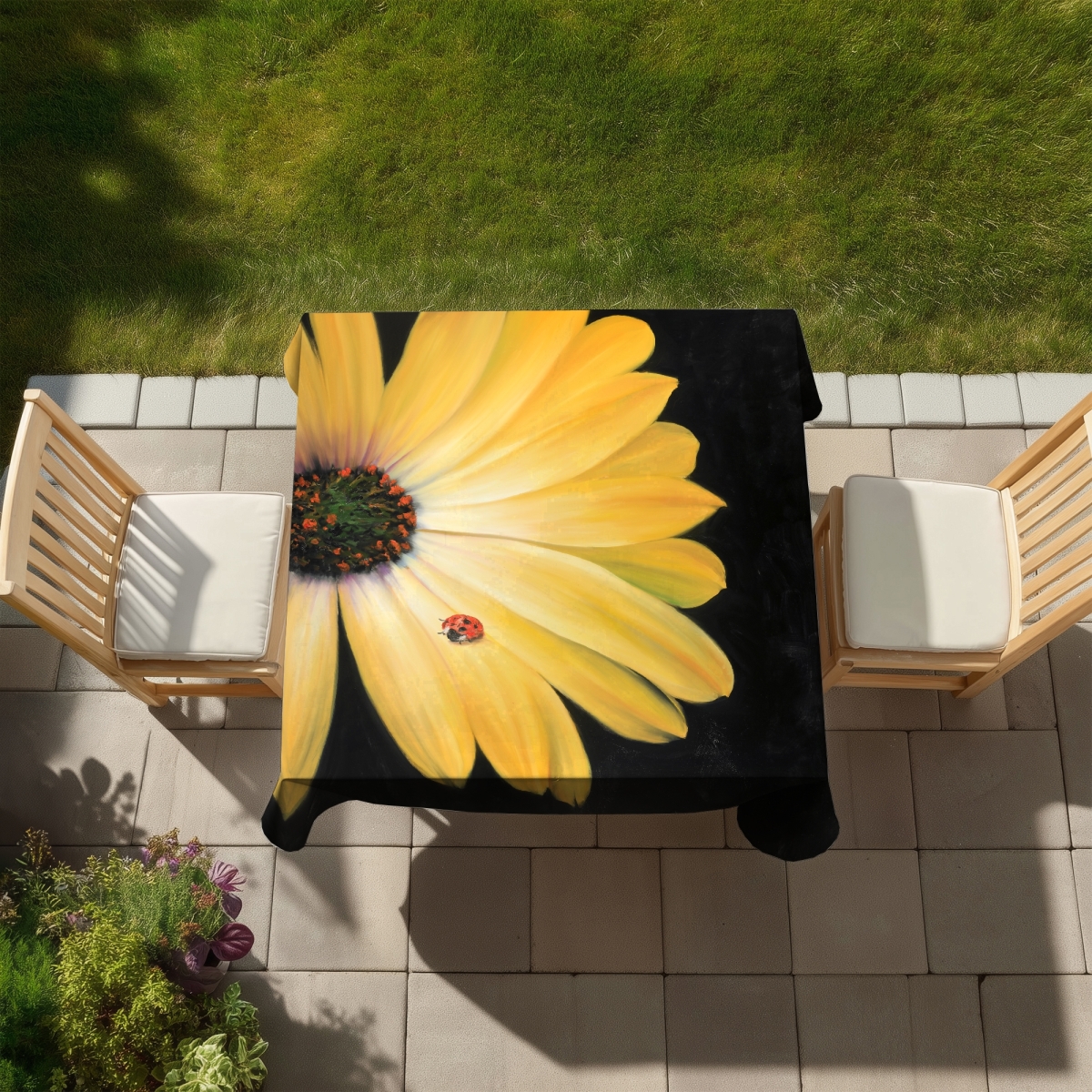 Picture of Begin Home Decor C1TC58583V54JN 58 x 58 in. Yellow Daisy & Ladybug Tablecloth - Floral Indoor & Outdoor Decor