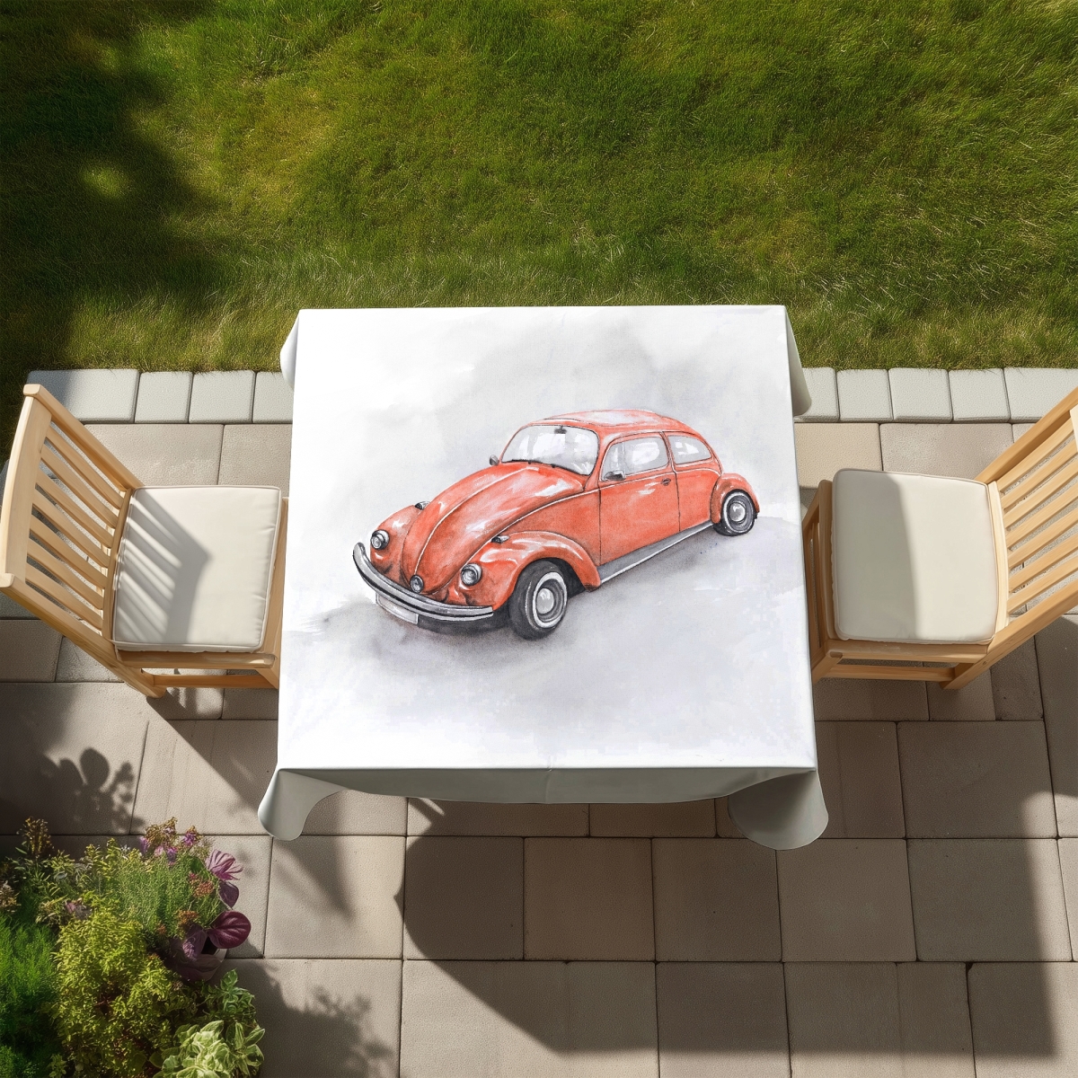 Picture of Begin Home Decor C1TC58585RWSMK 58 x 58 in. Vintage Red Beetle Tablecloth - Car Decor Indoor & Outdoor