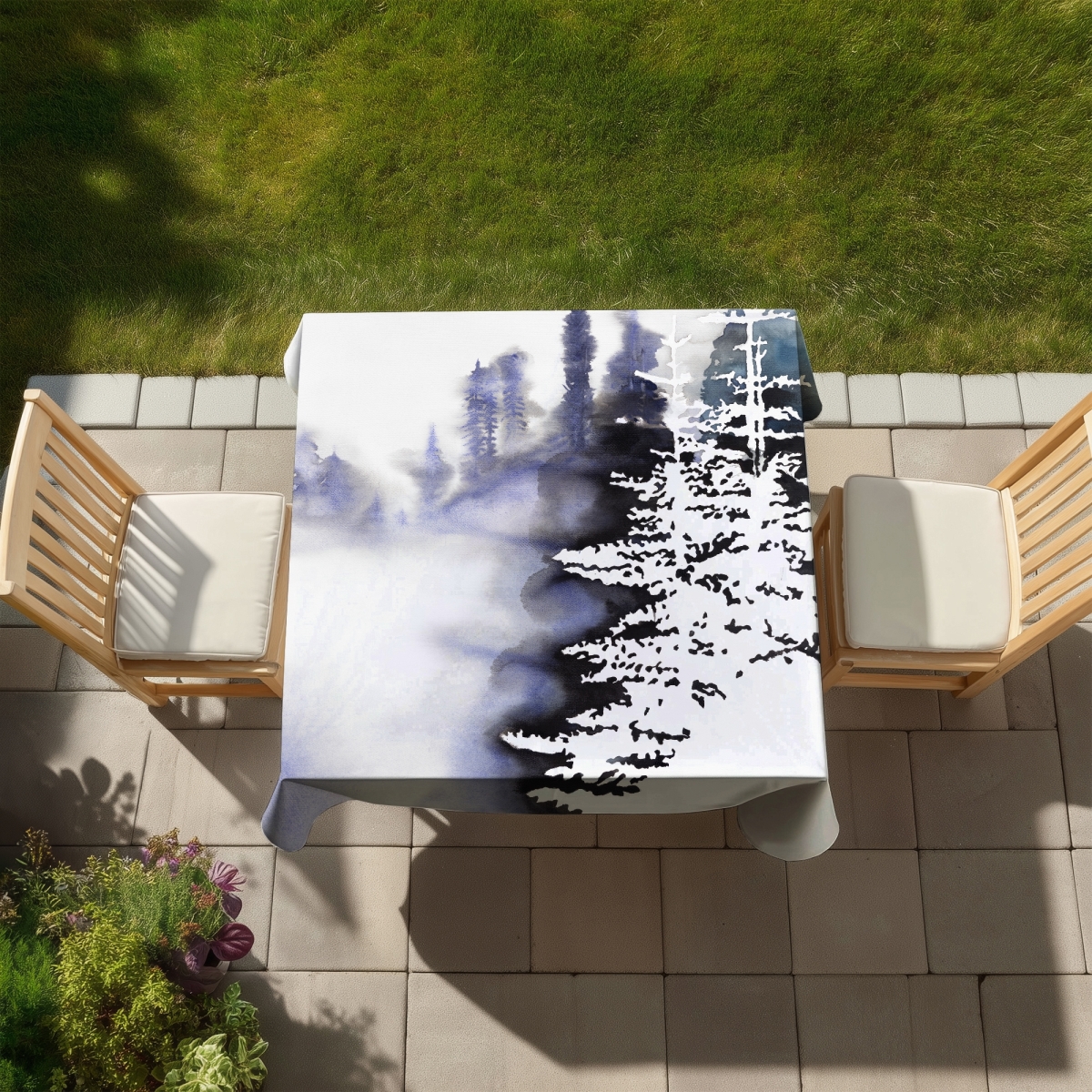Picture of Begin Home Decor C1TC5858JGGS2V 58 x 58 in. Silhouette of A Forest Blue Tablecloth - Indoor & Outdoor Decor
