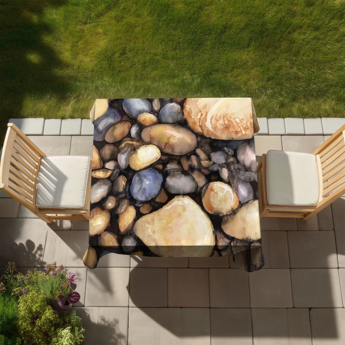 Picture of Begin Home Decor C1TC5858MCMYA3 58 x 58 in. Shapes Blue Marine Tablecloth - Small Pebbles Design Decor