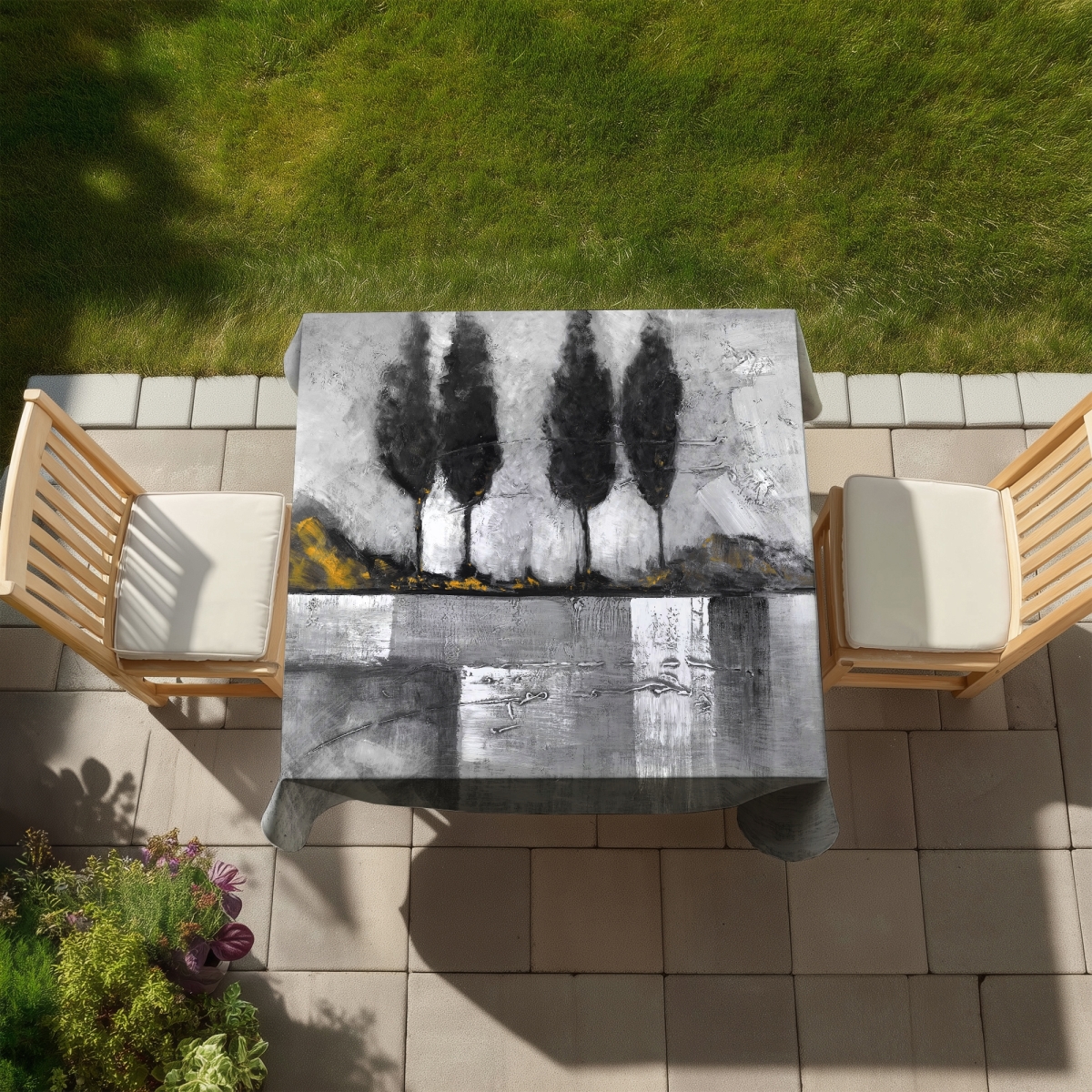 Picture of Begin Home Decor C1TC5858EQP08S 58 x 58 in. Grayscale Industrial Tablecloth - Contemporary Trees Decor