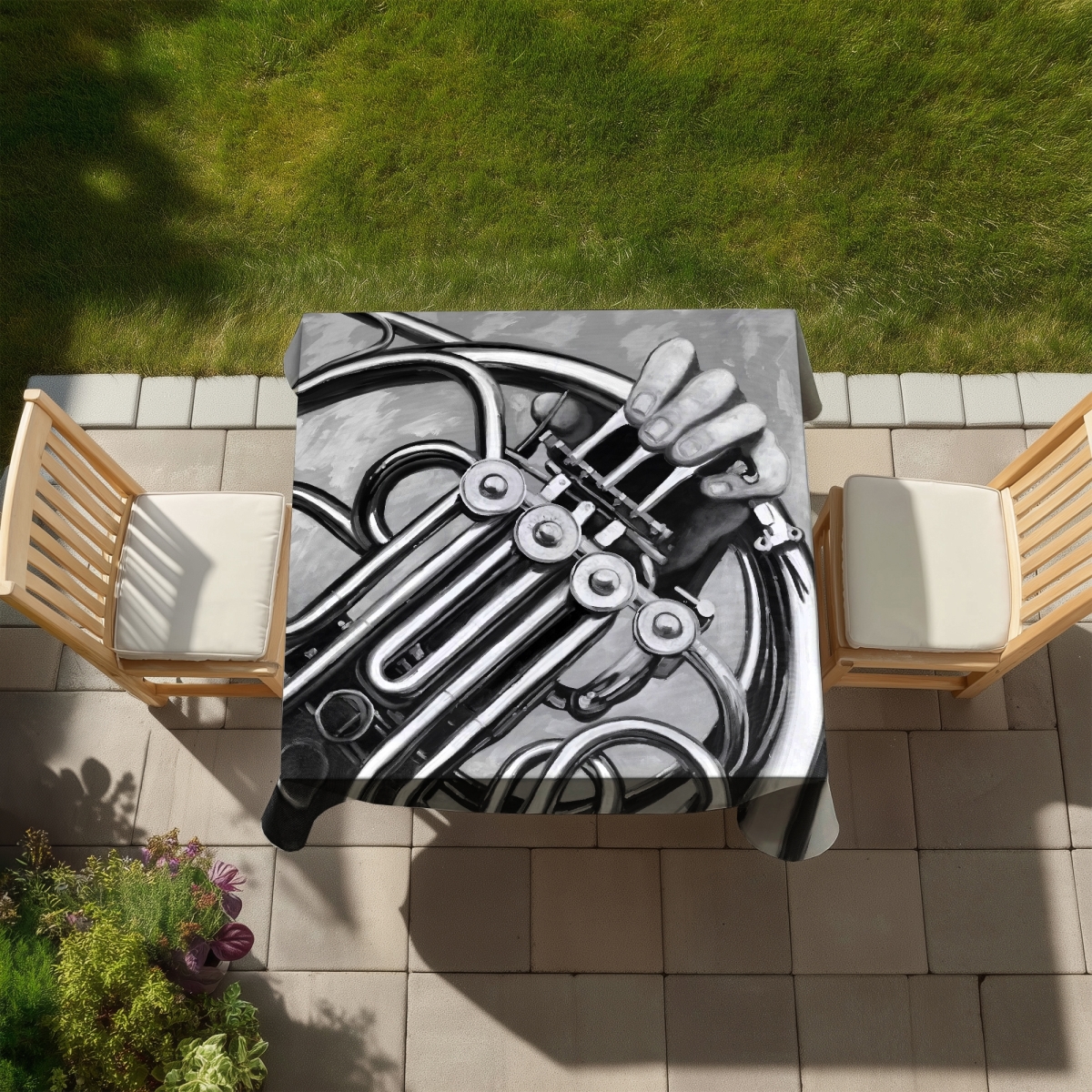 Picture of Begin Home Decor C1TC58585GTBD3 58 x 58 in. Bathroom Musical White Tablecloth - French Horn Home Decor