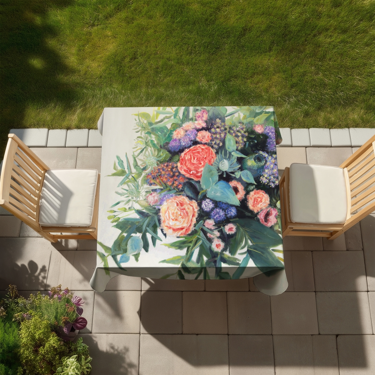 Picture of Begin Home Decor C1TC5858CFJYNQ 58 x 58 in. Flowers Melody Green Leaves Tablecloth - Indoor & Outdoor Decor