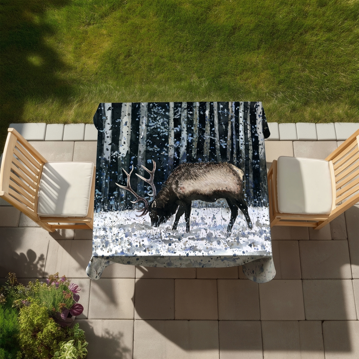 Picture of Begin Home Decor C1TC5858IA43D3 58 x 58 in. Rustic Blue Tablecloth - Caribou in Winter Forest Home Decor