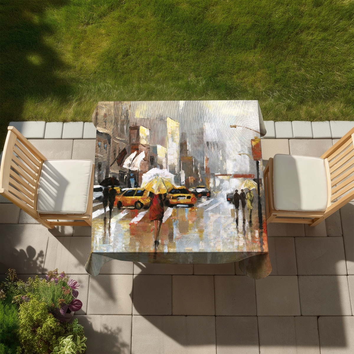 Picture of Begin Home Decor C1TC58586ZEC94 58 x 58 in. Gray Cities Tablecloth - Umbrella Street Scene Indoor & Outdoor