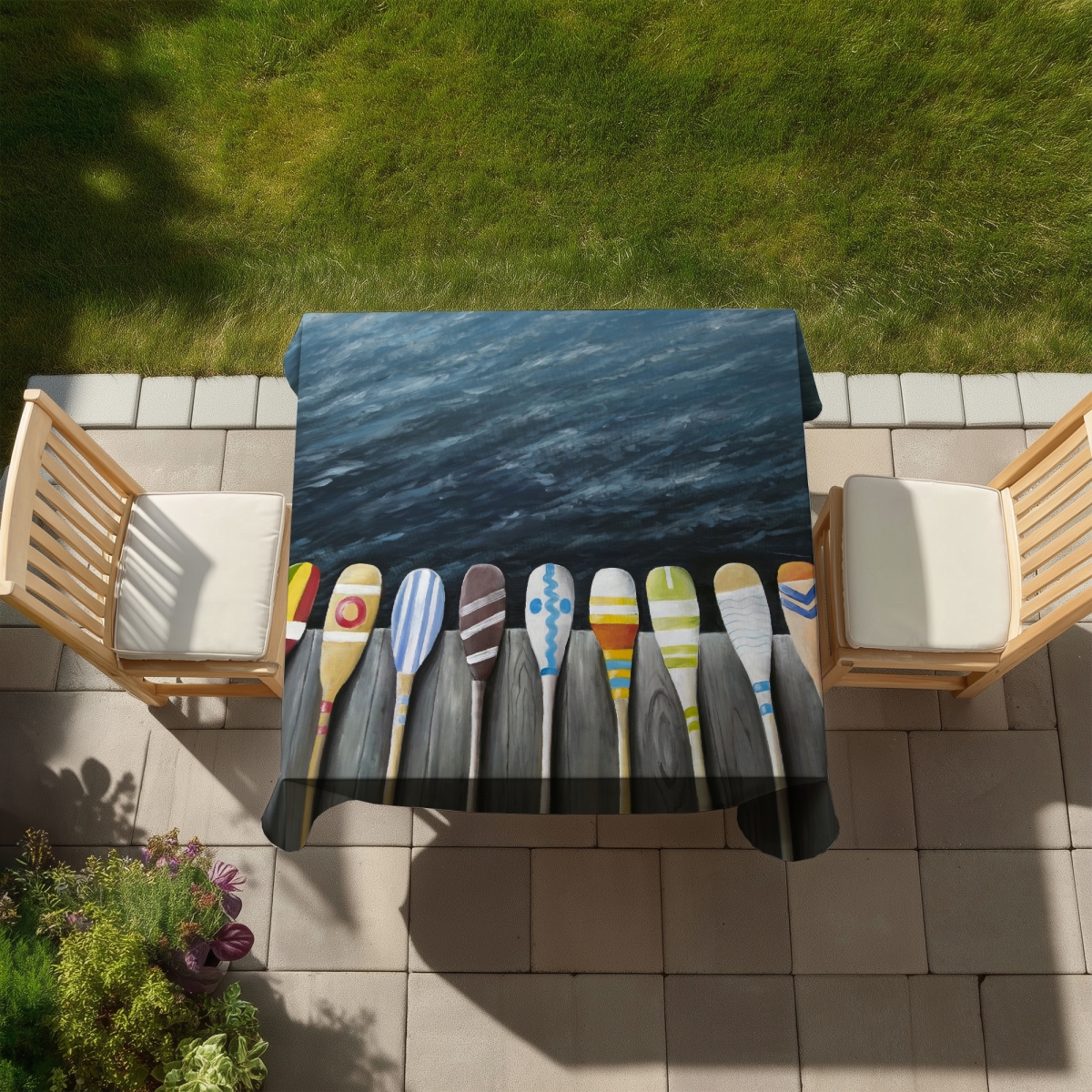 Picture of Begin Home Decor C1TC58582G747L 58 x 58 in. Coastal Indoor & Outdoor Tablecloth - Colorful Paddles on Dock