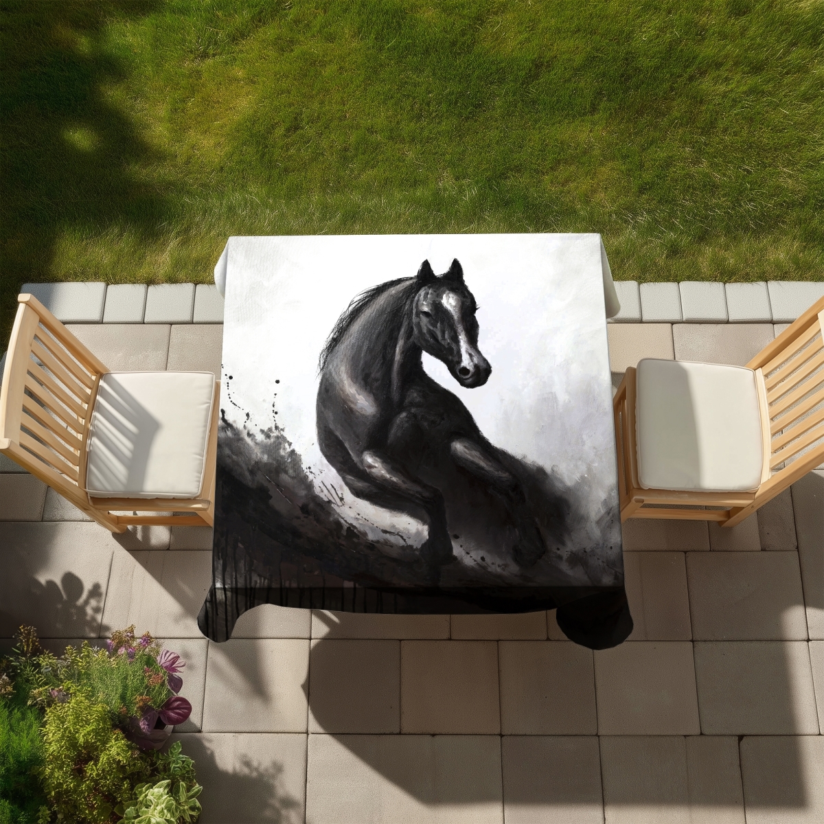 Picture of Begin Home Decor C1TC5858PRH9N6 58 x 58 in. White Office Tablecloth - Horse in Motion Design - Indoor & Outdoor