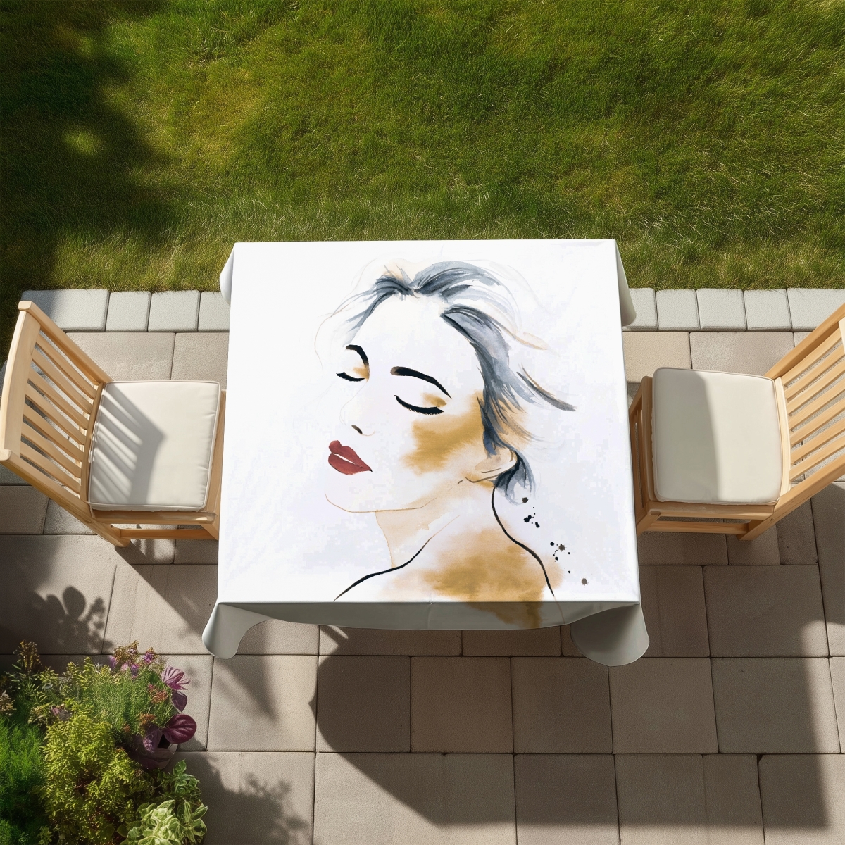 Picture of Begin Home Decor C1TC5858VSFCUB 58 x 58 in. Watercolor Lady Portrait Tablecloth - Blue Indoor & Outdoor Decor