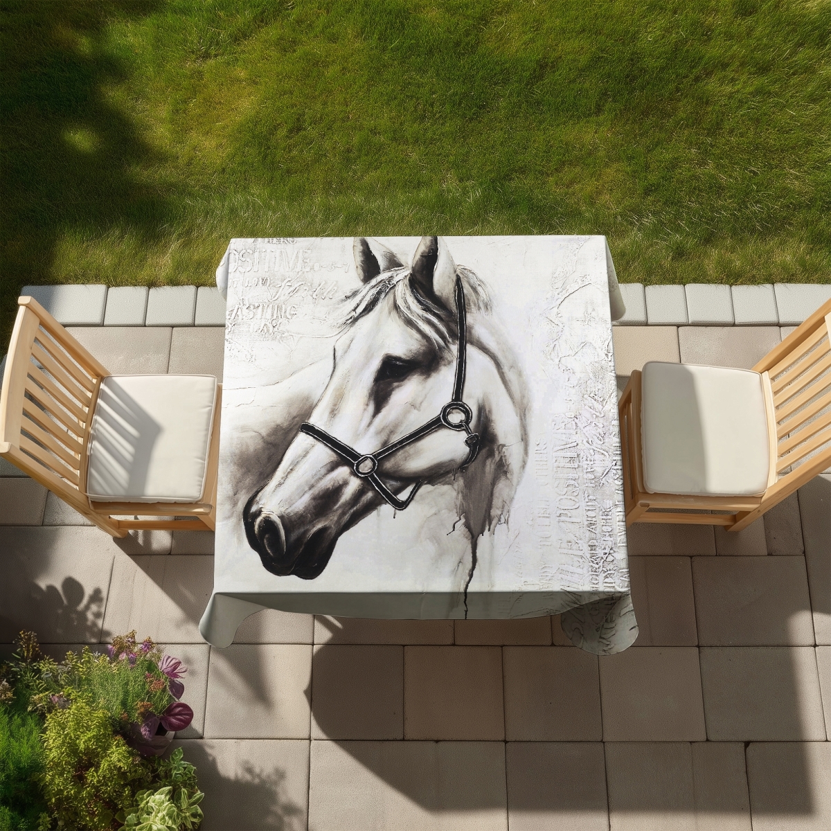 Picture of Begin Home Decor C1TC5858OZYF2C 58 x 58 in. Flicka the White Horse Tablecloth - Minimalist Home Decor