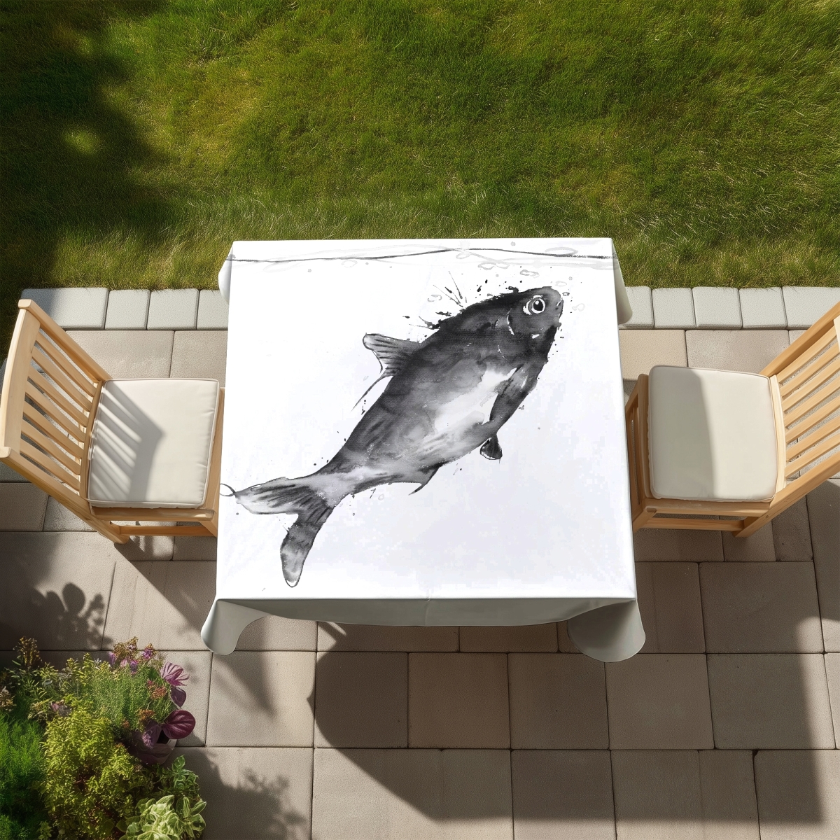 Picture of Begin Home Decor C1TC5858WA65BA 58 x 58 in. Happy Swimming Fish Tablecloth - Indoor & Outdoor Home Decor