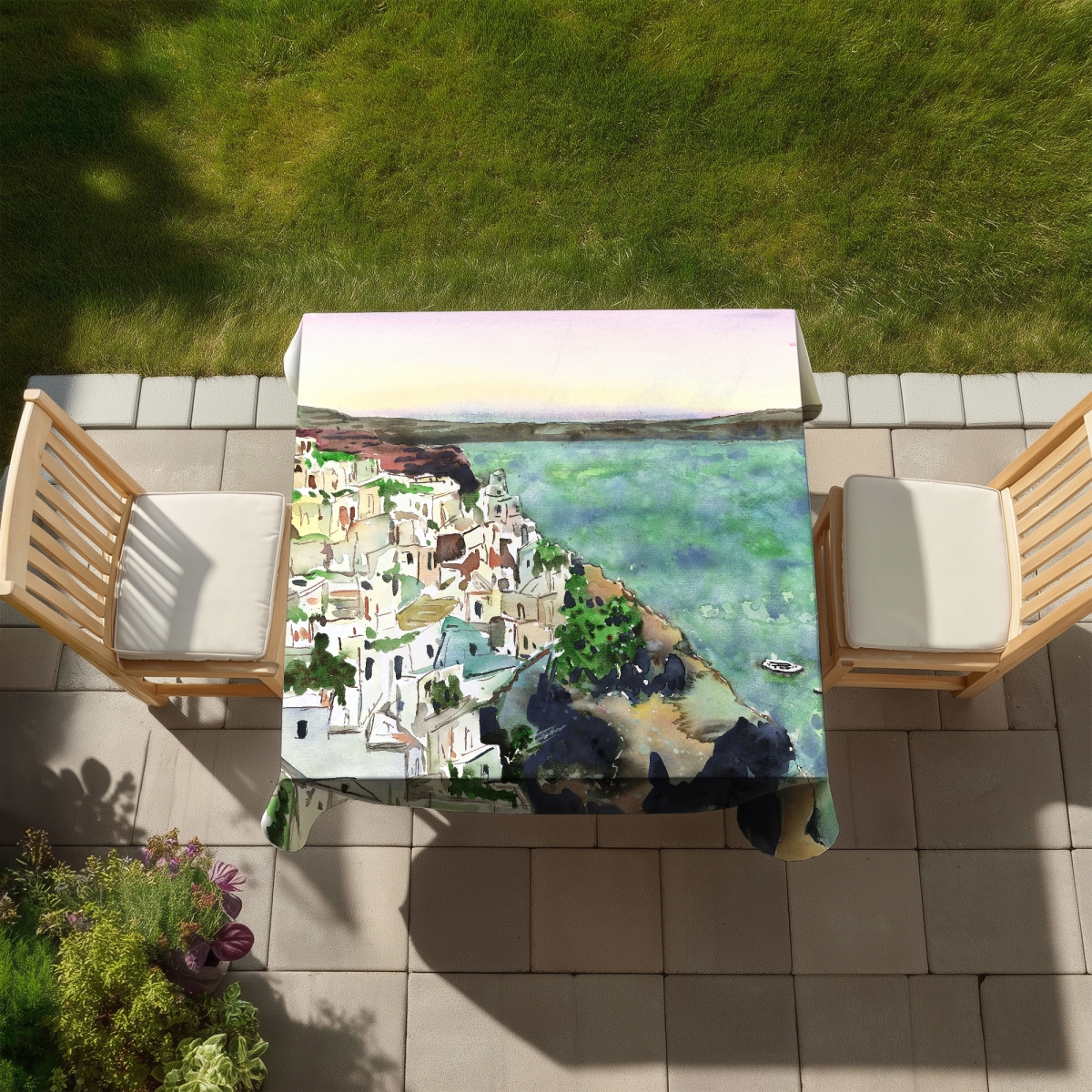 Picture of Begin Home Decor C1TC58585XQFKU 58 x 58 in. Coastal Turquoise Boat Tablecloth - Landscape of Crete Decor