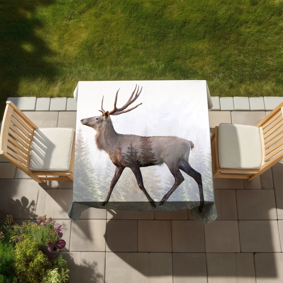 Picture of Begin Home Decor C1TC5858263EHH 58 x 58 in. Large Plume Roe Deer Tablecloth - Scandinavian Animals Decor