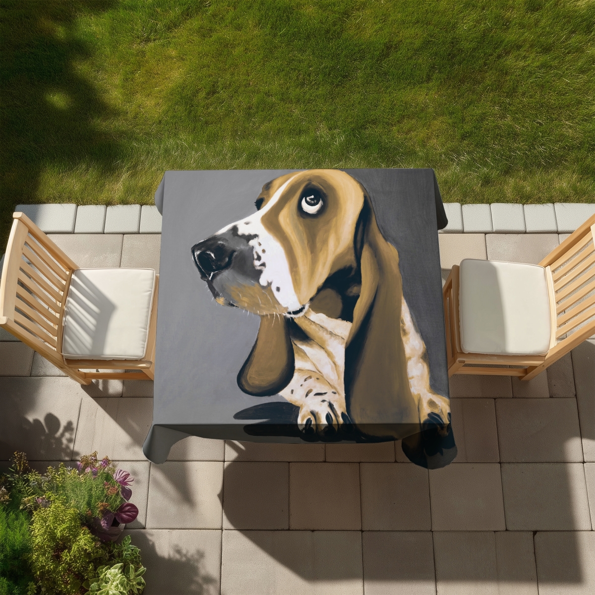 Picture of Begin Home Decor C1TC5858PHBCKK 58 x 58 in. Gold Basset Hound Dog Tablecloth - Brown Indoor & Outdoor Decor