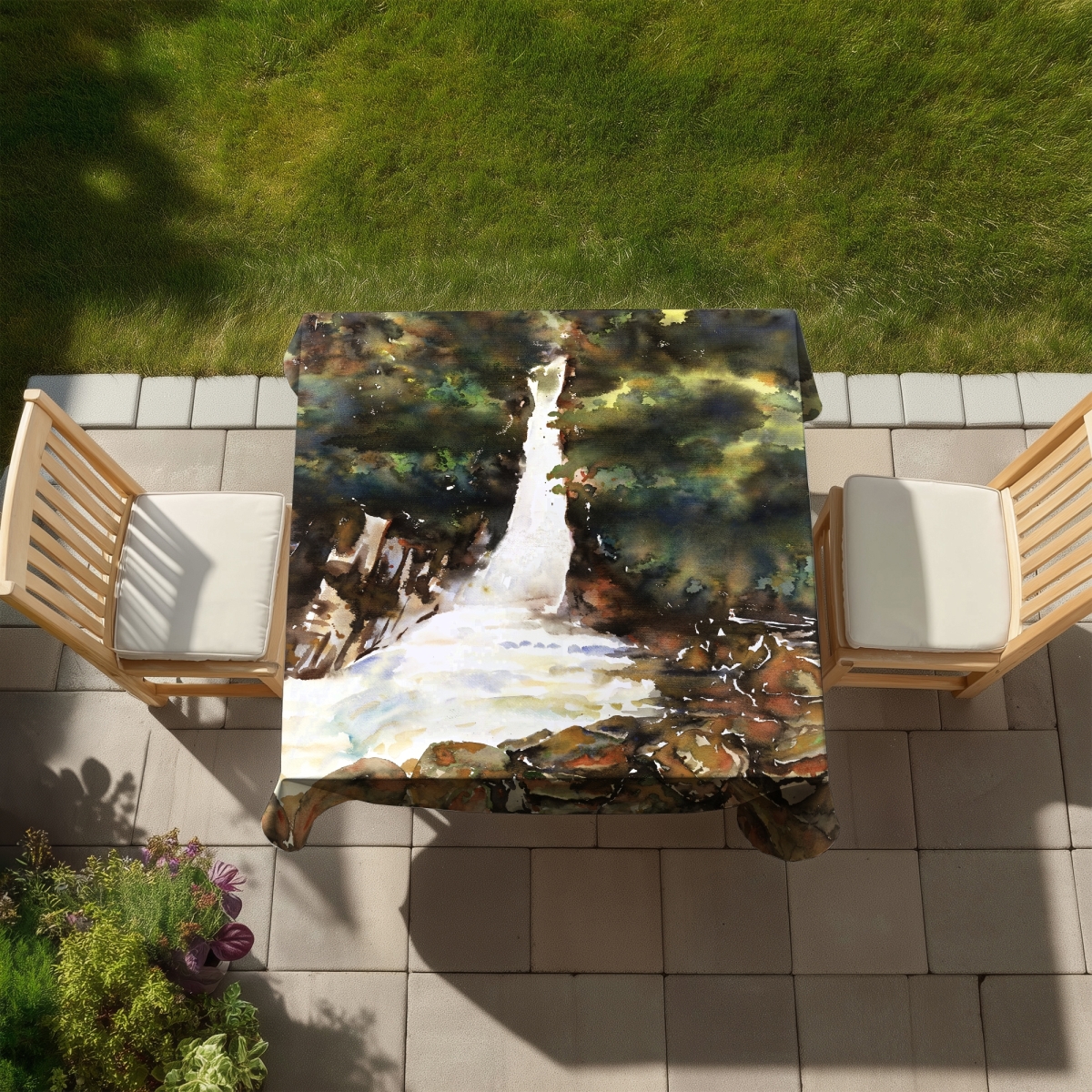 Picture of Begin Home Decor C1TC5858A3IRR2 58 x 58 in. Watercolor Waterfalls Tablecloth - Indoor & Outdoor Home Decor