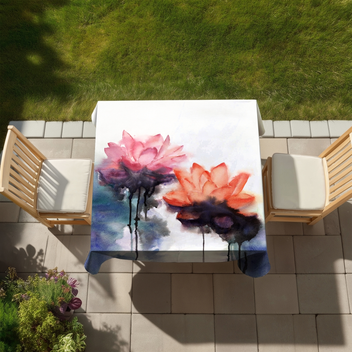 Picture of Begin Home Decor C1TC5858K5ZTVW 58 x 58 in. Blue Botanical Tablecloth - Watercolor Lotus Flowers Decor
