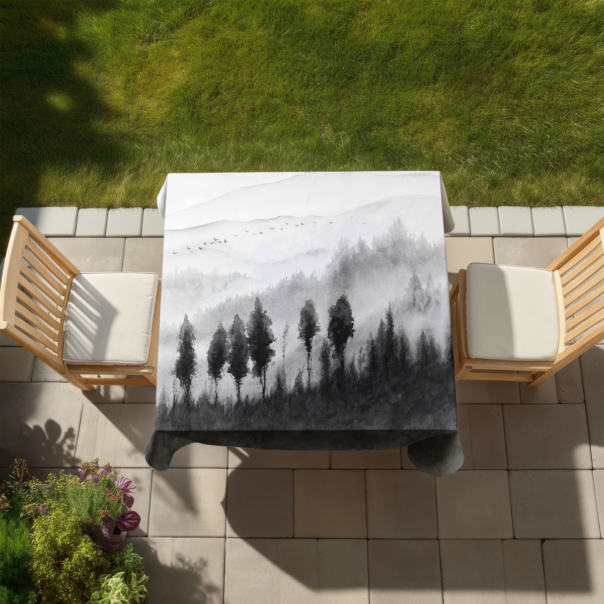 Picture of Begin Home Decor C1TC5858JRH0MQ 58 x 58 in. Trees White Monochrome Tablecloth - Landscape Mono Watercolor