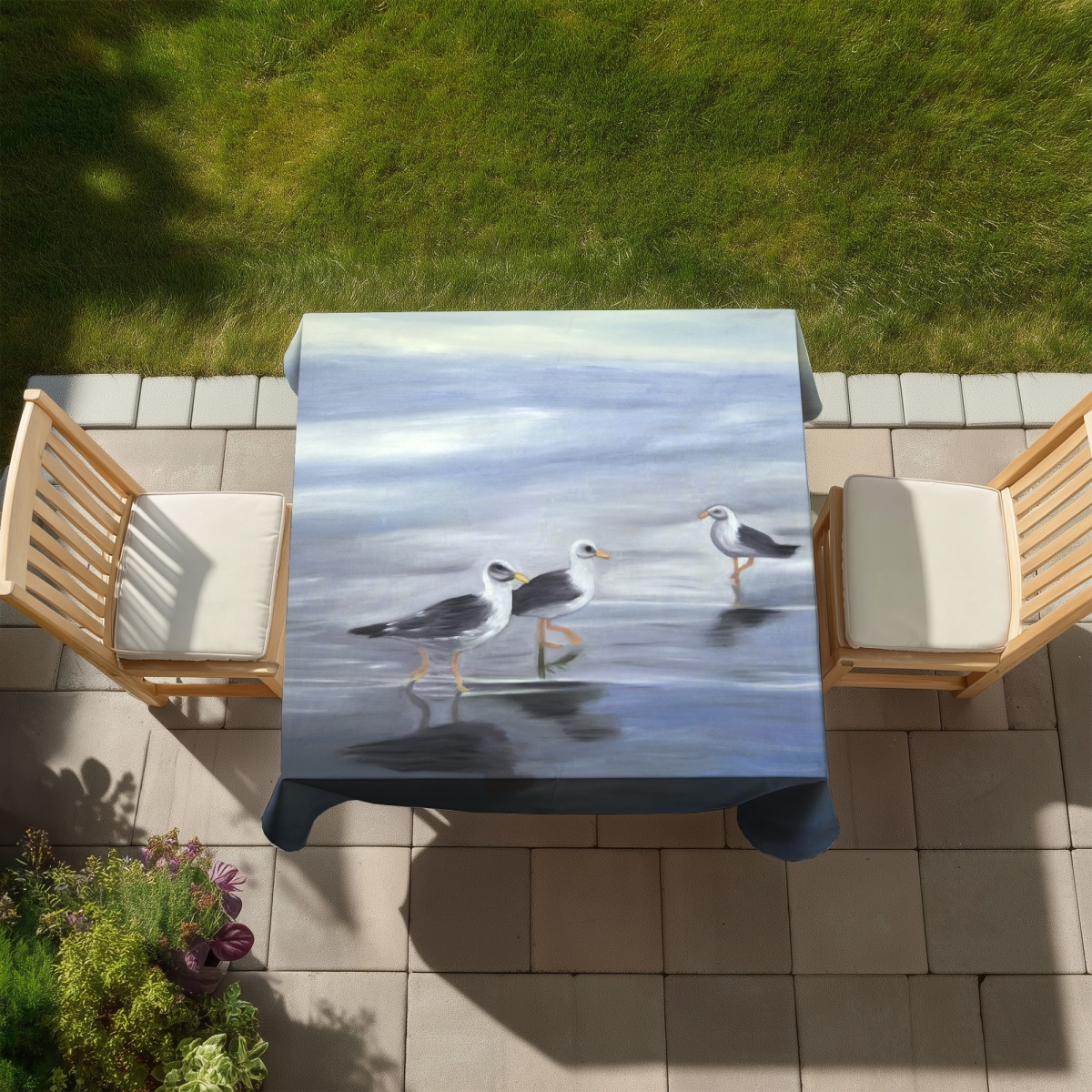 Picture of Begin Home Decor C1TC5858XT0FHD 58 x 58 in. Three Gulls Tablecloth - Indoor & Outdoor Bird Decor for Home