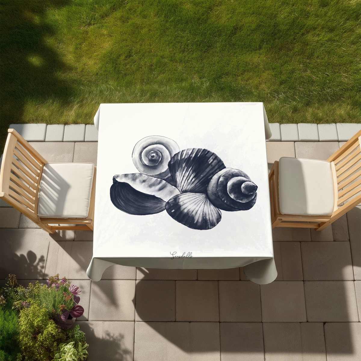 Picture of Begin Home Decor C1TC5858FS43VM 58 x 58 in. Blue Seaside Shells Tablecloth - Coastal Indoor & Outdoor Decor