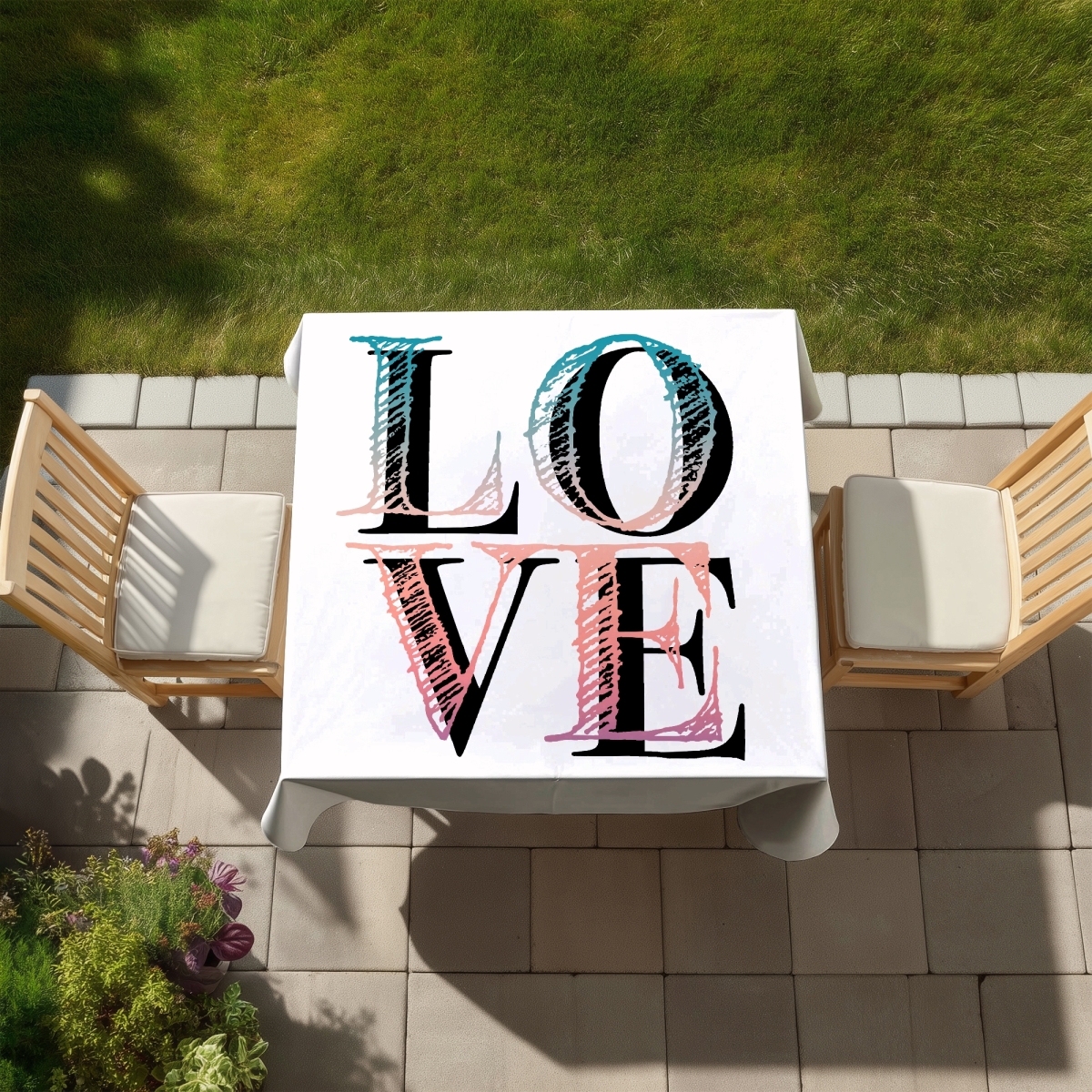 Picture of Begin Home Decor C1TC5858XQHCQY 58 x 58 in. Colorful Love Tablecloth - Motivational Quotes & Flowers Decor
