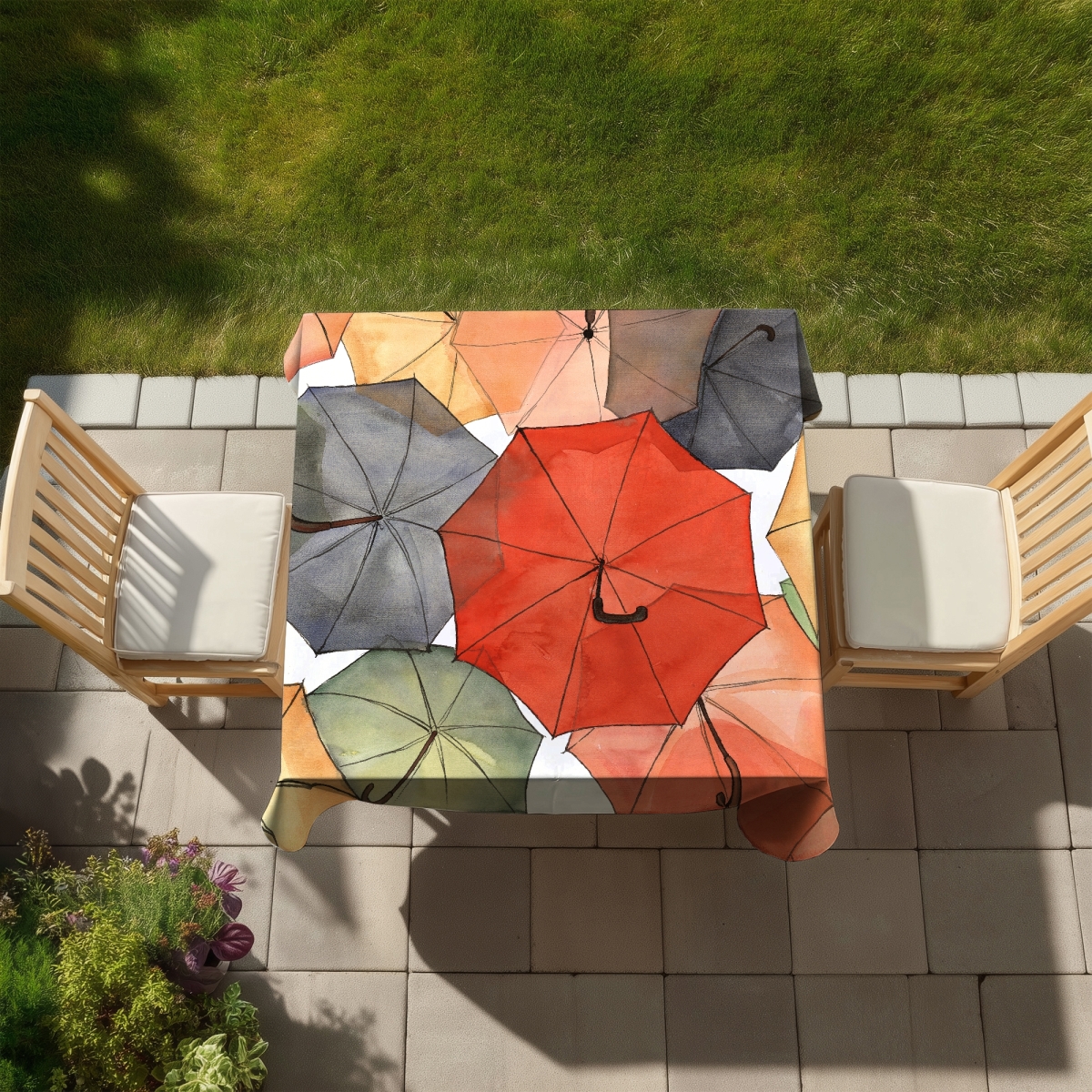 Picture of Begin Home Decor C1TC5858DAYBNS 58 x 58 in. The Umbrellas of Petit Champlain Tablecloth - Indoor & Outdoor Decor